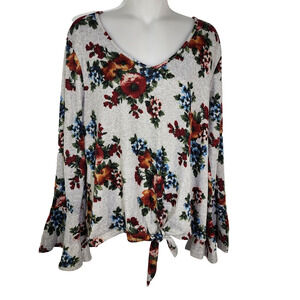 Celeste Top Womens XL Floral Knit Tie Front Long Bell Sleeve V Neck Multicolor